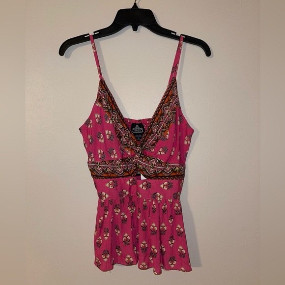 Angie Sleeveless V-Neck Knot Front Keyhole Boho Border Print Top M - Picture 2 of 6